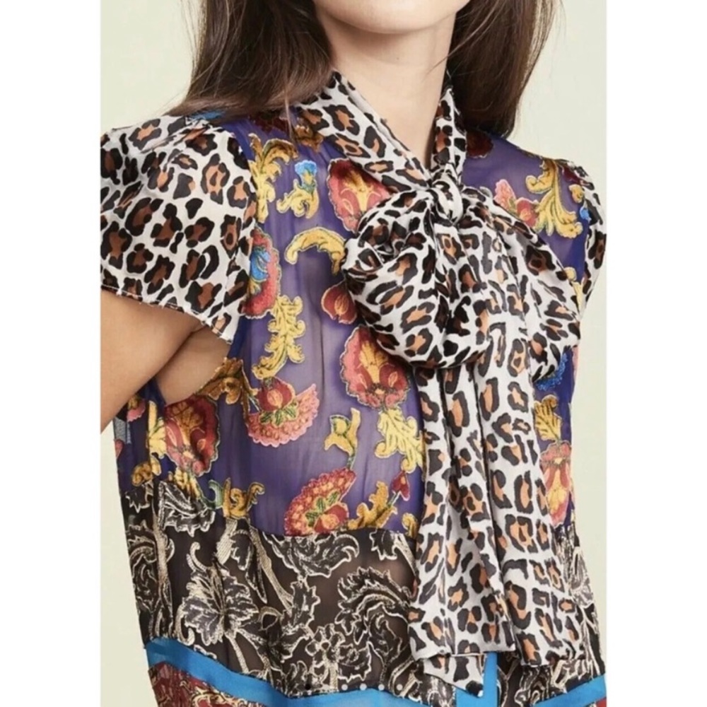 Alice + Olivia Bow Neck Mixed Print Blouse